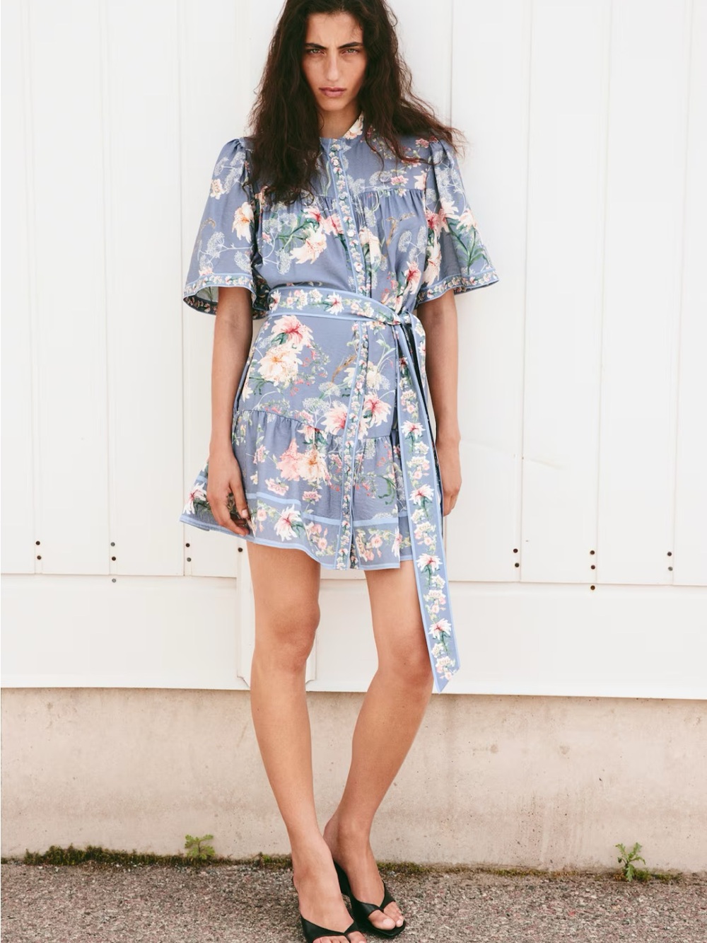 Floral Tie-Waist Mini Dress in Dusty Blue